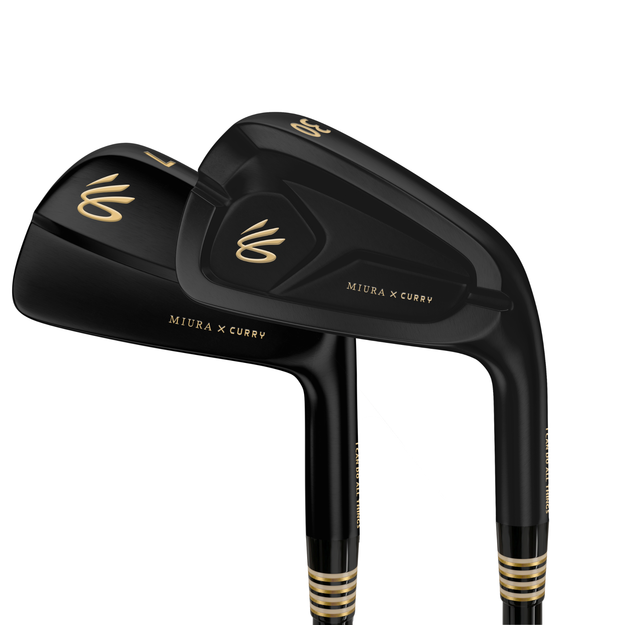 Close up of forged Miura golf iron heads sitting in a player's golf bag